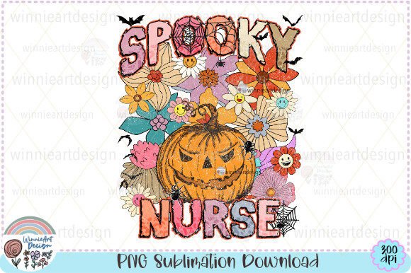 Spooky Nurse Halloween Retro Flowers PNG
